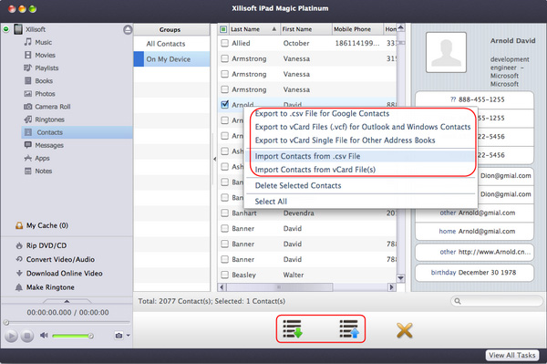 Transfer contacts by Xilisoft iPad Magic for Mac